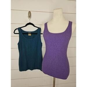 Lot of 2 Damask Medium 1-Teal blue & 1-Purple stretchy textured tank tops